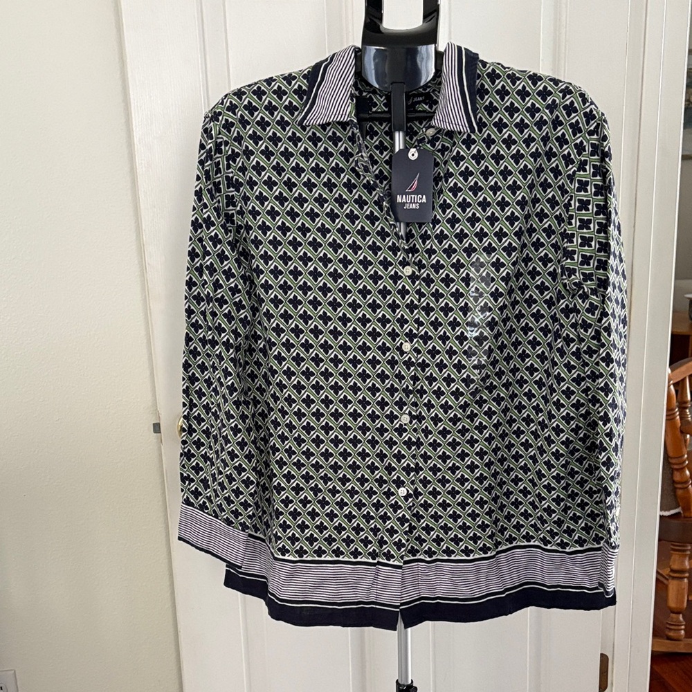 Nautica Navy, Green and White Button Down Shirt